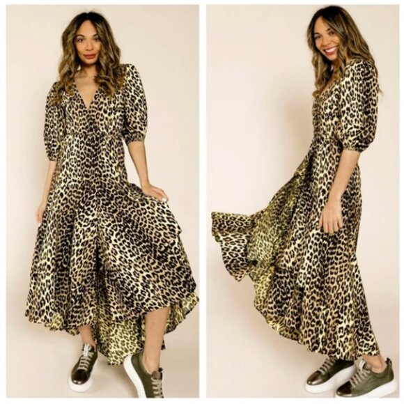 GANNI Bijou Minion Yellow Leopard Animal Print Cotton V-Neck Maxi Wrap Dress - Picture 2 of 16